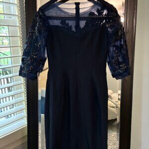 Navy Sheath Column Dress, Applique, 3/4 Sleeves, Knee Length